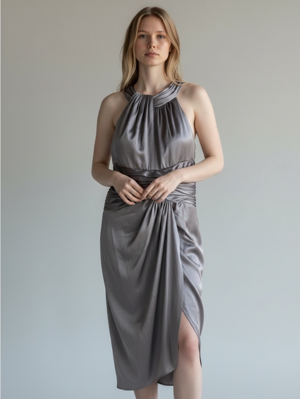 Adrianna Papell Silver-One Shoulder Satin Midi Dress